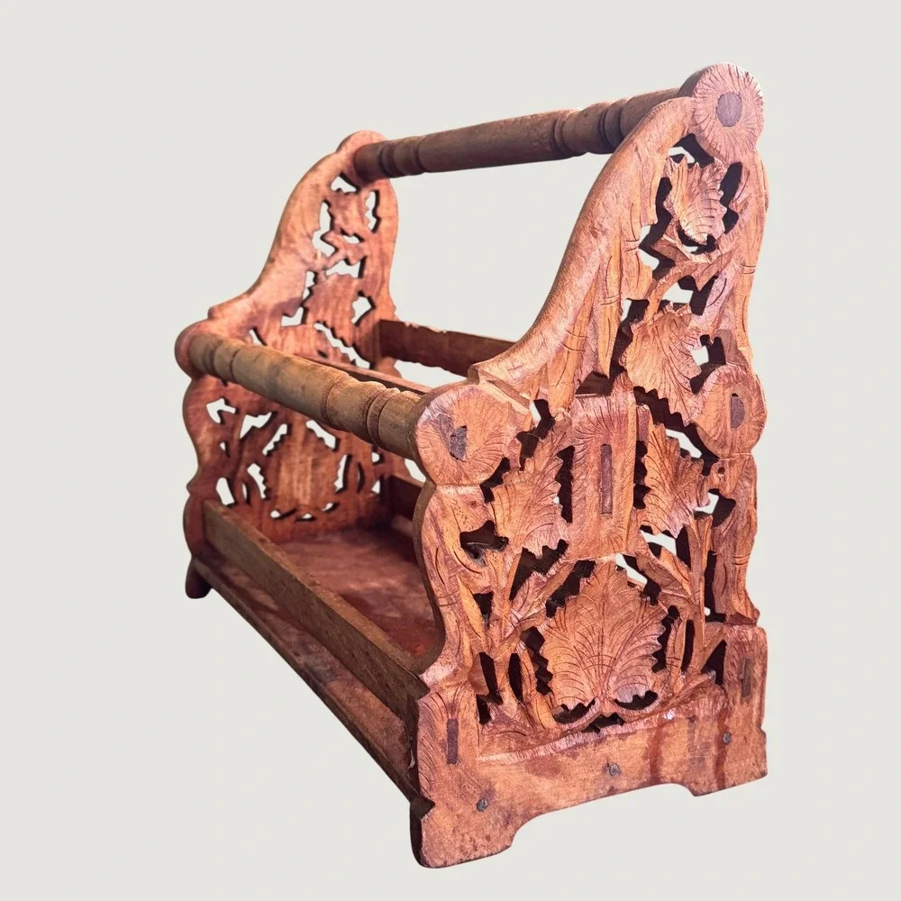 Vintage Carved Wood Magazine Display Rack Floral Leaf Boho